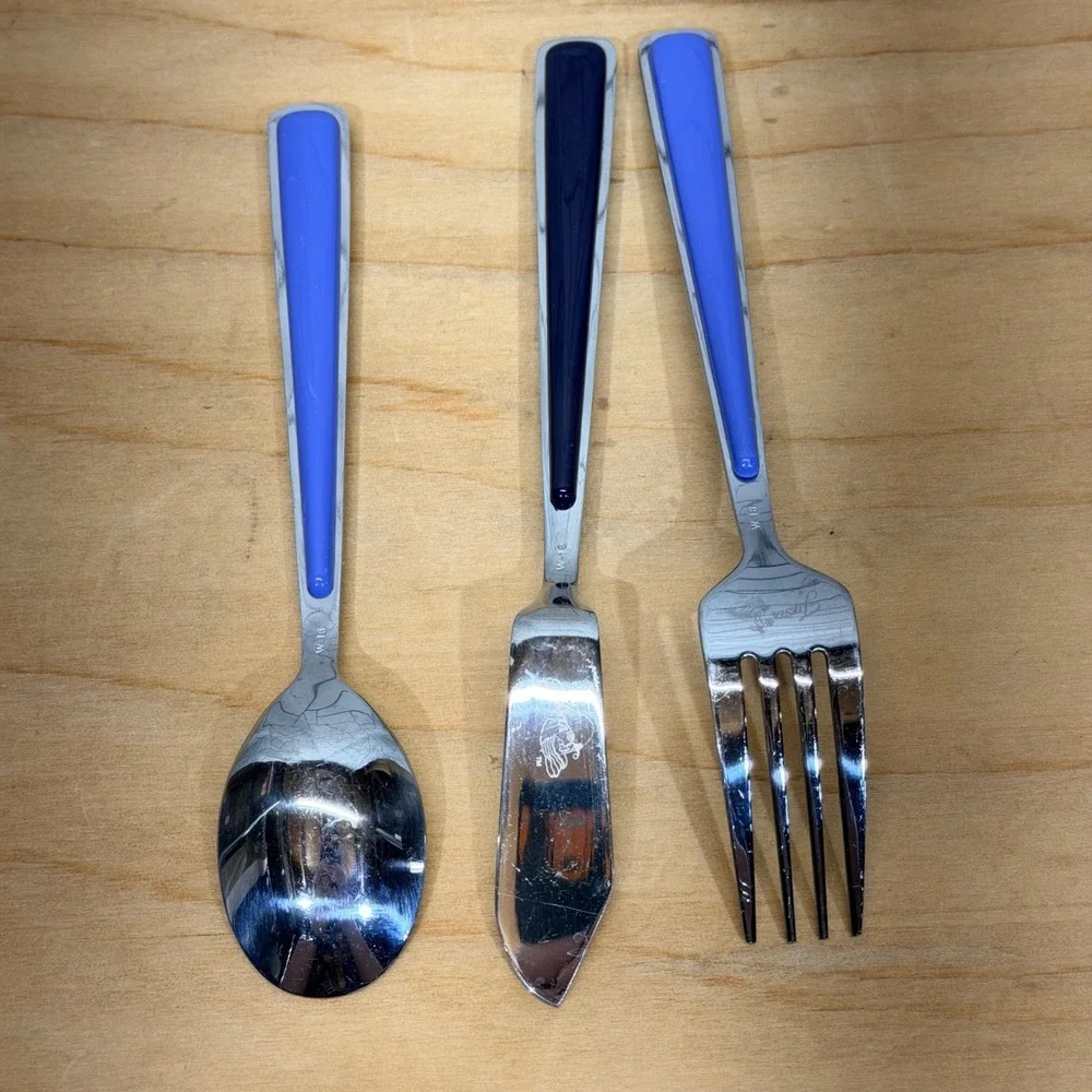 Fiesta Silverware 3pc Set Fork Spoon Spreader Blue Stainless Steel W-16 Flatware